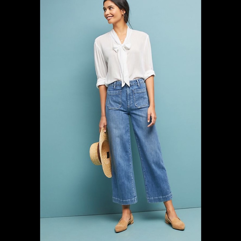 Paige Light Blue Cropped Wide-Leg Jeans